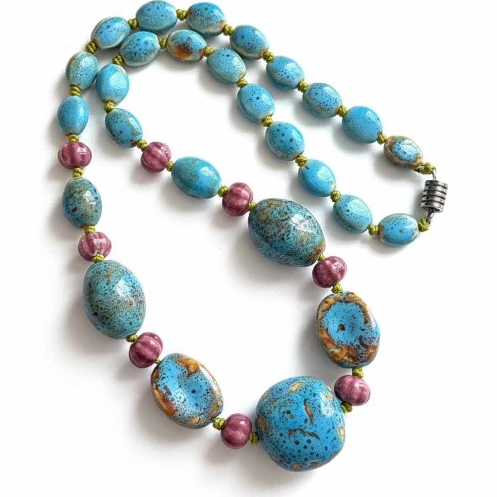 Vintage Artisan Ceramic Bead Statement Necklace Turquoise Speckled 26” Inch - Picture 15 of 15